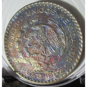 1962-MO Mexican UNO 1 Peso — Silver—Rainbow STUNNING!! Tone